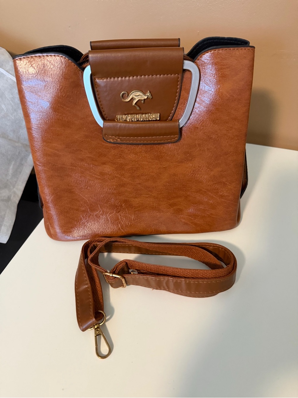 kangaROOS Cognac Brown Faux Leather Crossbody Bag with Gold Accent